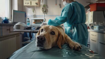 Dog close-up looking at camera in vet clinic with veterinarian. Animal surgeries. Pet care. Emergency care for dogs
