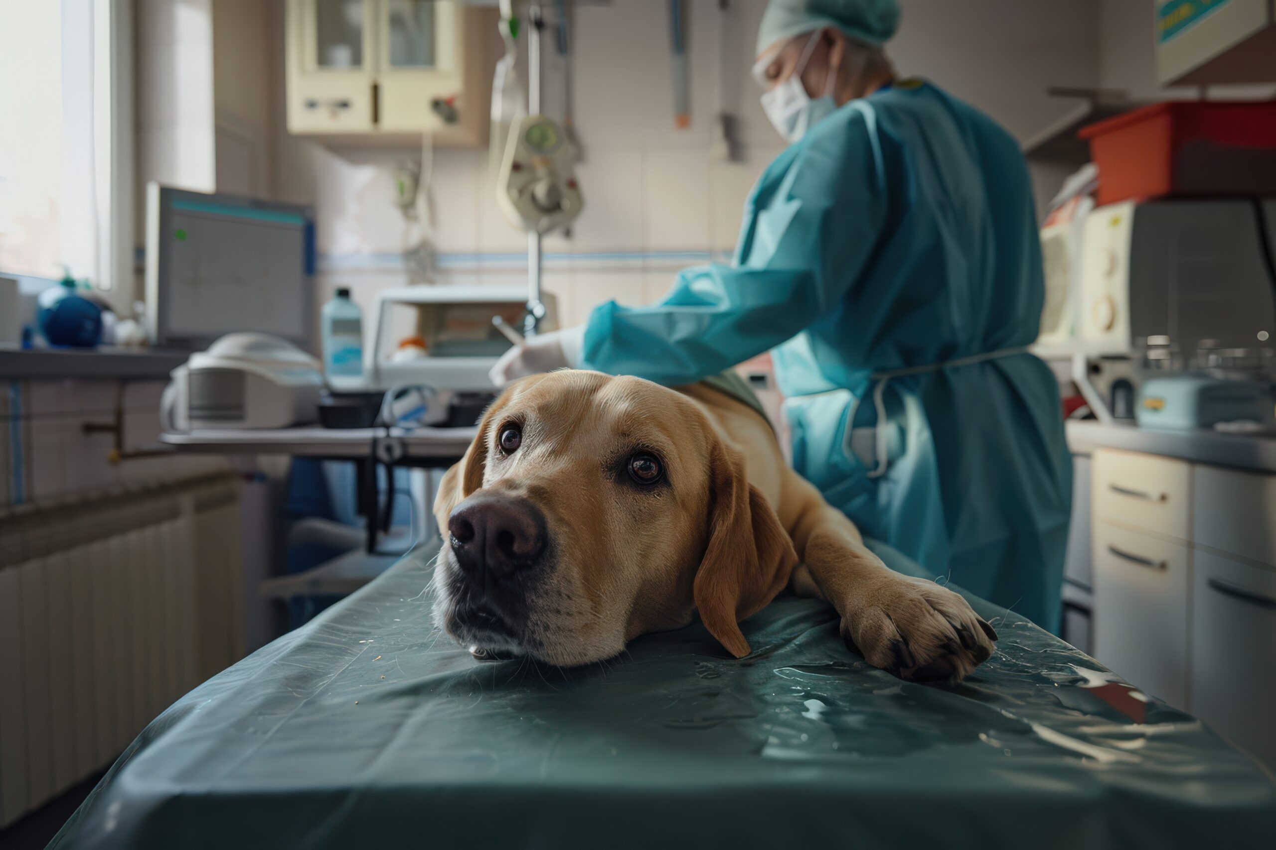 Dog close-up looking at camera in vet clinic with veterinarian. Animal surgeries. Pet care. Emergency care for dogs
